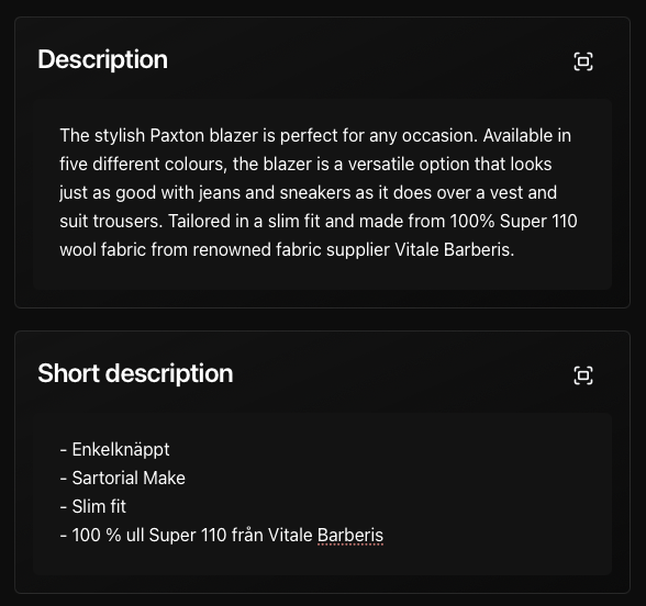Product descriptions in the Enad PIM