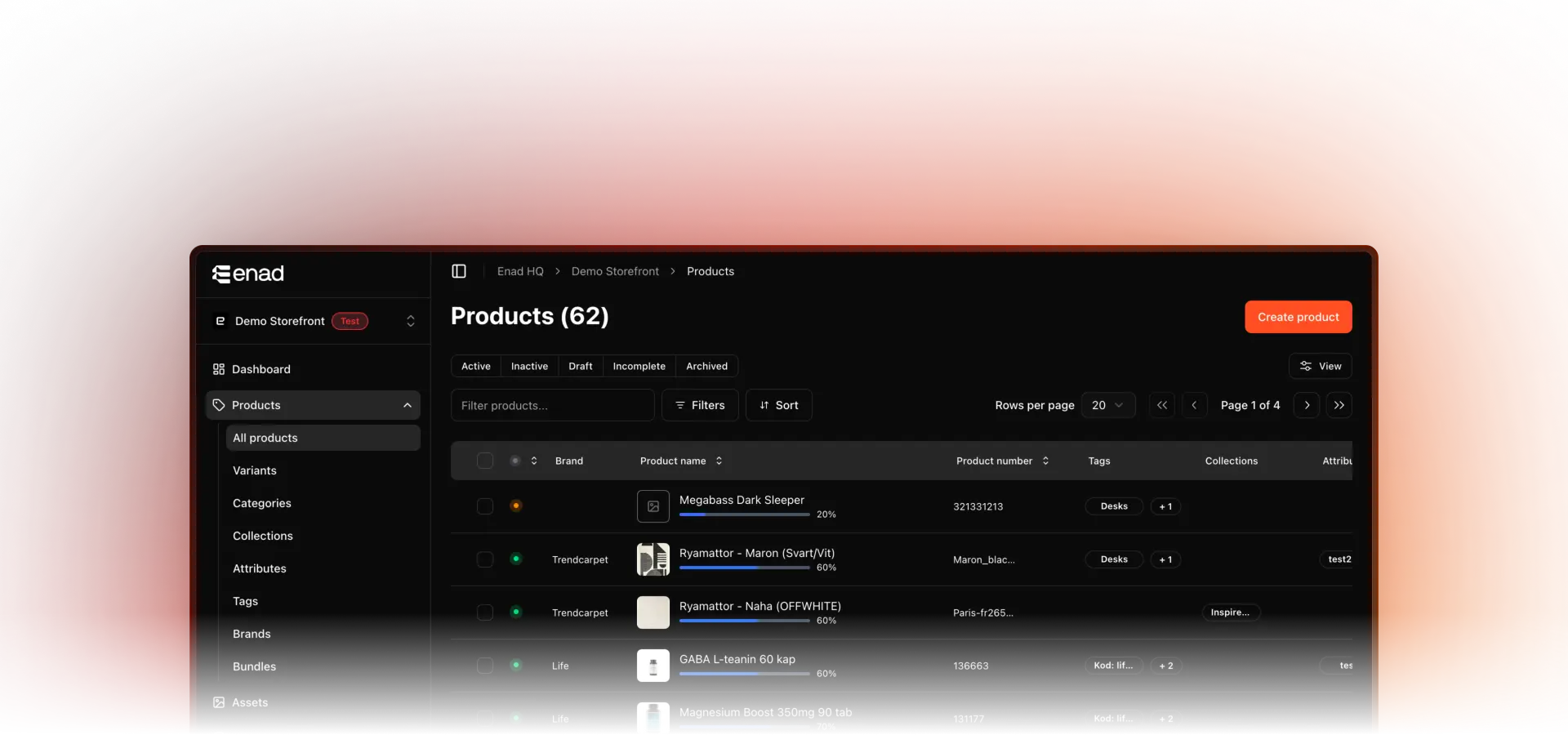 Produktlistan i Enad-plattformen